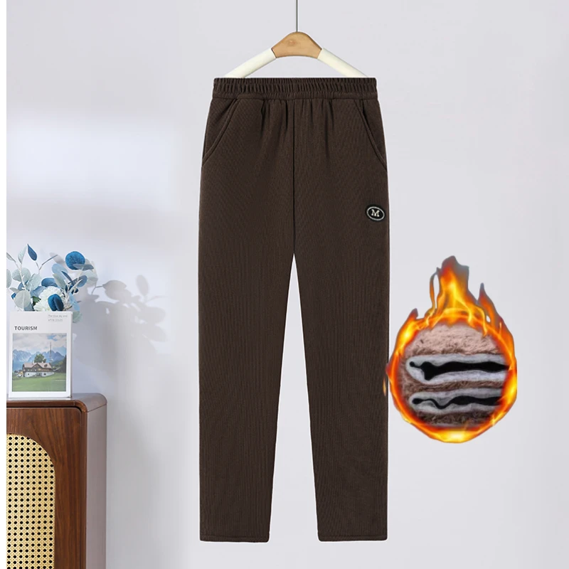 秋冬雪尼尔加厚女高腰保暖条绒哈伦裤纯色拼接百搭休闲裤