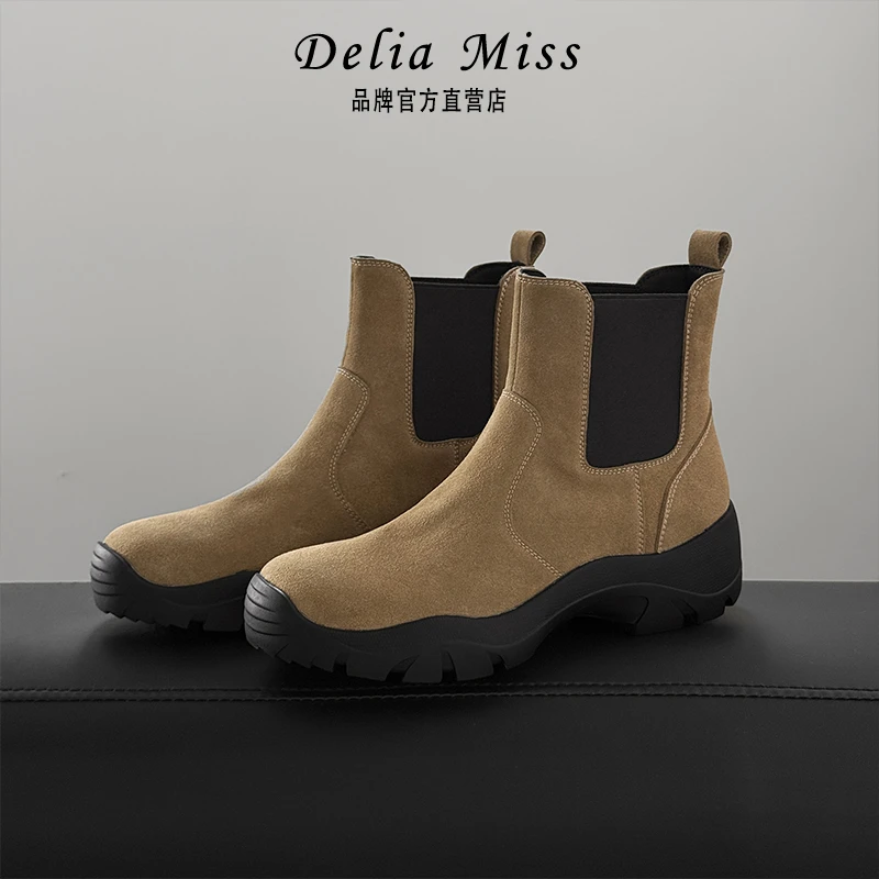 迪莉桠新款时尚磨砂皮户外切松糕底尔西靴短筒靴女靴