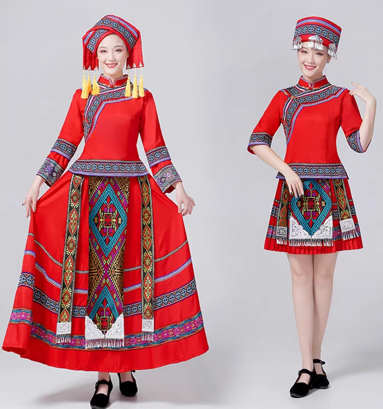 广西壮族服装女少数民族服饰三月三舞蹈演出服竹竿舞大摆裙表演服