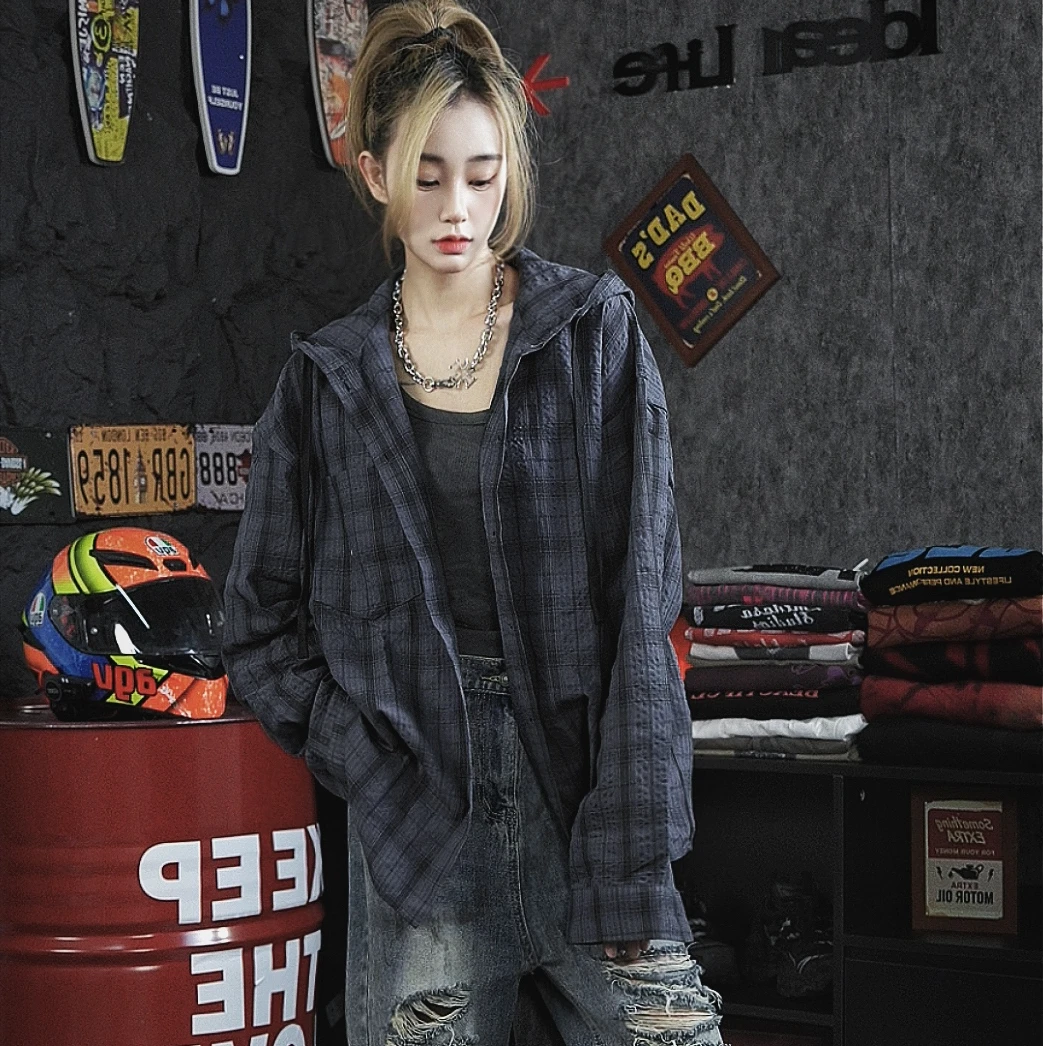 蓝色格子连帽衬衫男款夏季薄款泡泡纱冰丝防晒衣格纹衬衣HS2352