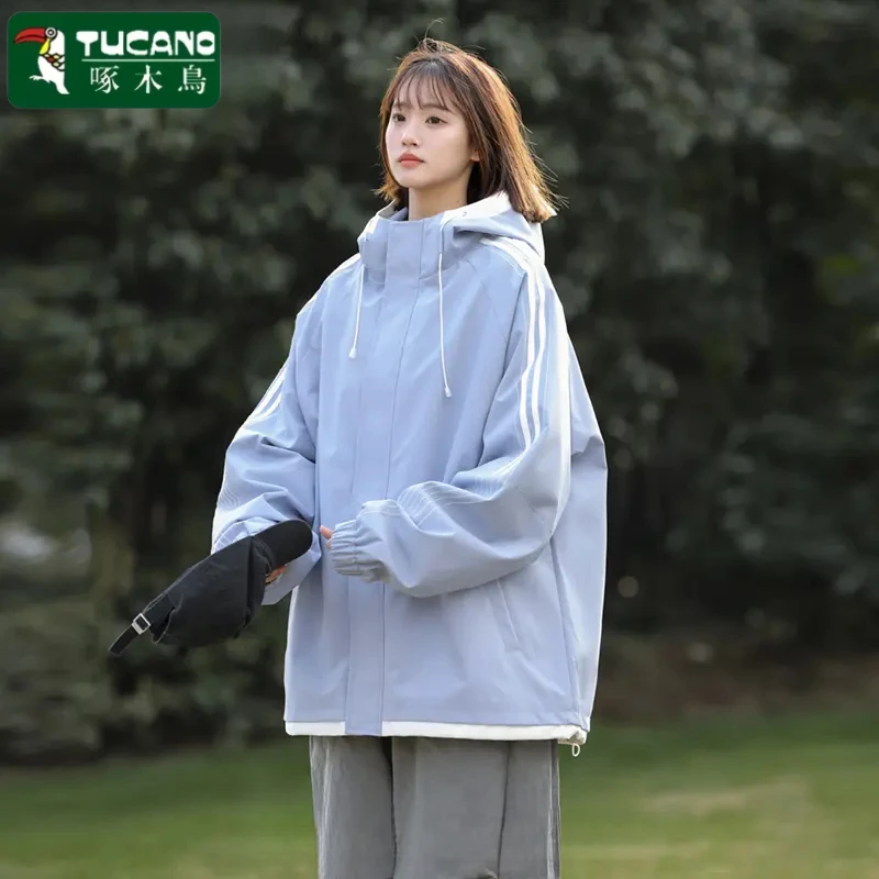 啄木鳥男女同款春季连帽夹克2025新款情侣潮牌上衣美式条纹宽松外