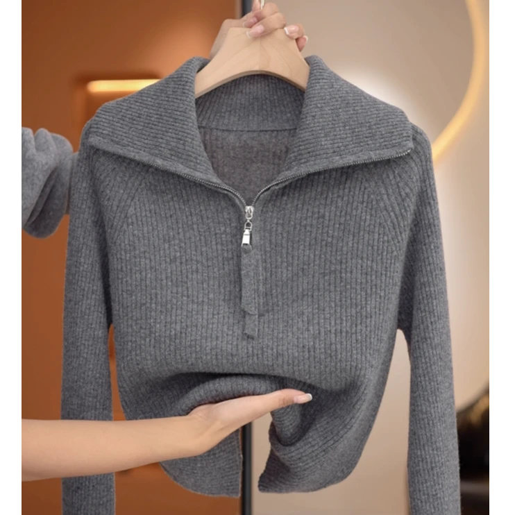 【荣荣】大翻领休闲全羊毛百搭针织衫-Y19709