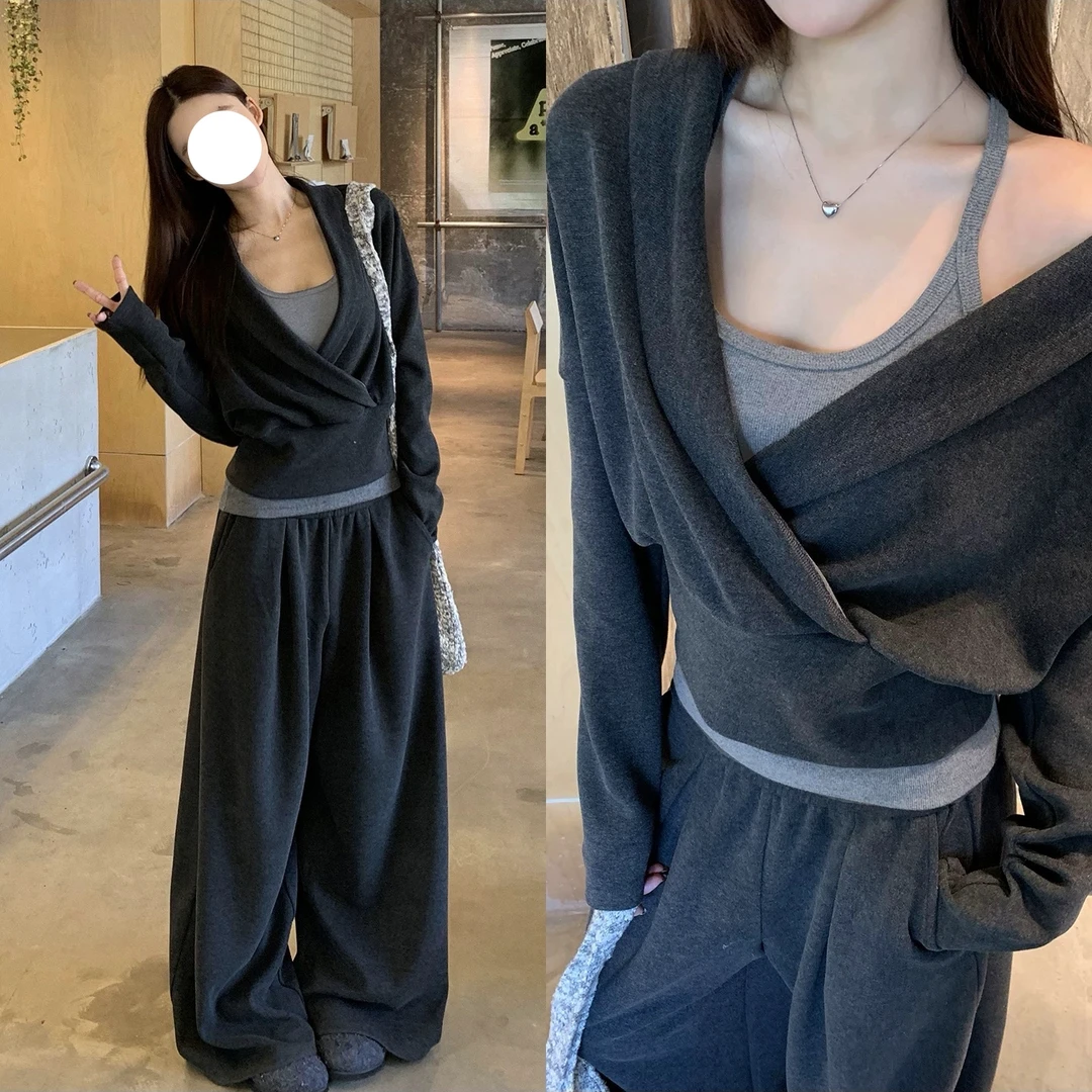 设计感交叉v领灰色背心卫衣两件套女+宽松慵懒休闲阔腿长裤L1279