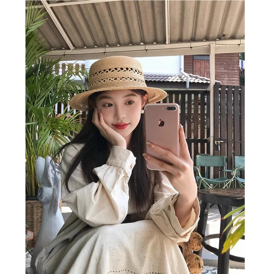 拉菲草手工编织平顶草帽子女2025新款防晒镂空优雅礼帽夏季盆帽