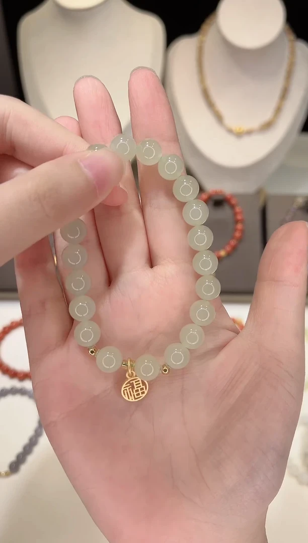 【闪购商品】和田玉手链银S925镀金镶嵌8mm湖水绿