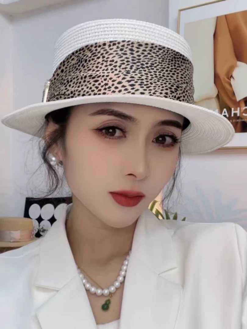 帽子时尚豹纹帽檐平顶草帽女春夏季出游遮阳帽海边防晒平檐太阳帽