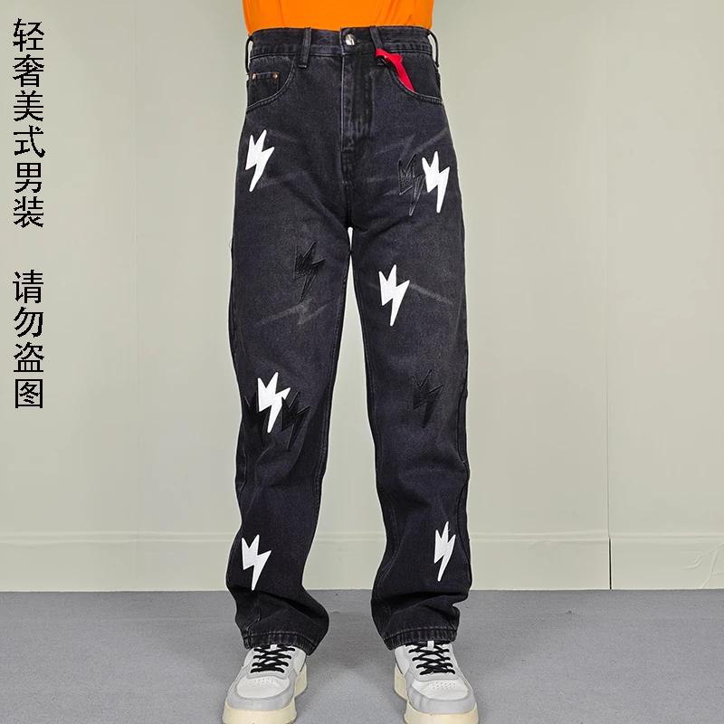 巴黎潮牌美式高街网红款闪电贴皮牛仔裤男宽松直筒休闲百搭长裤