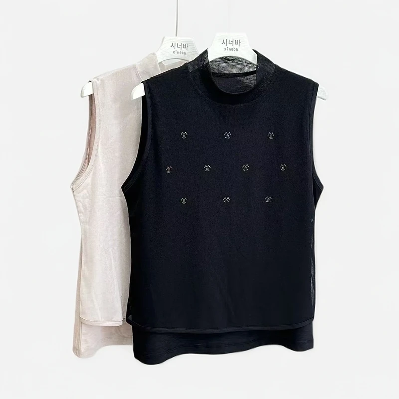 【香香优选】韩国女士网纱半高领压钻无袖打底背心舒适百搭时尚洋气