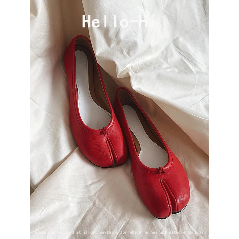 羊皮版~新款红色猪脚分趾玛丽珍气质单鞋女平底浅口一脚蹬晚晚鞋