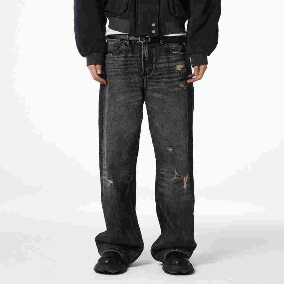 OaOO 赤耳窄幅红边水洗破坏廓形直筒复古黑牛仔裤通勤宽松