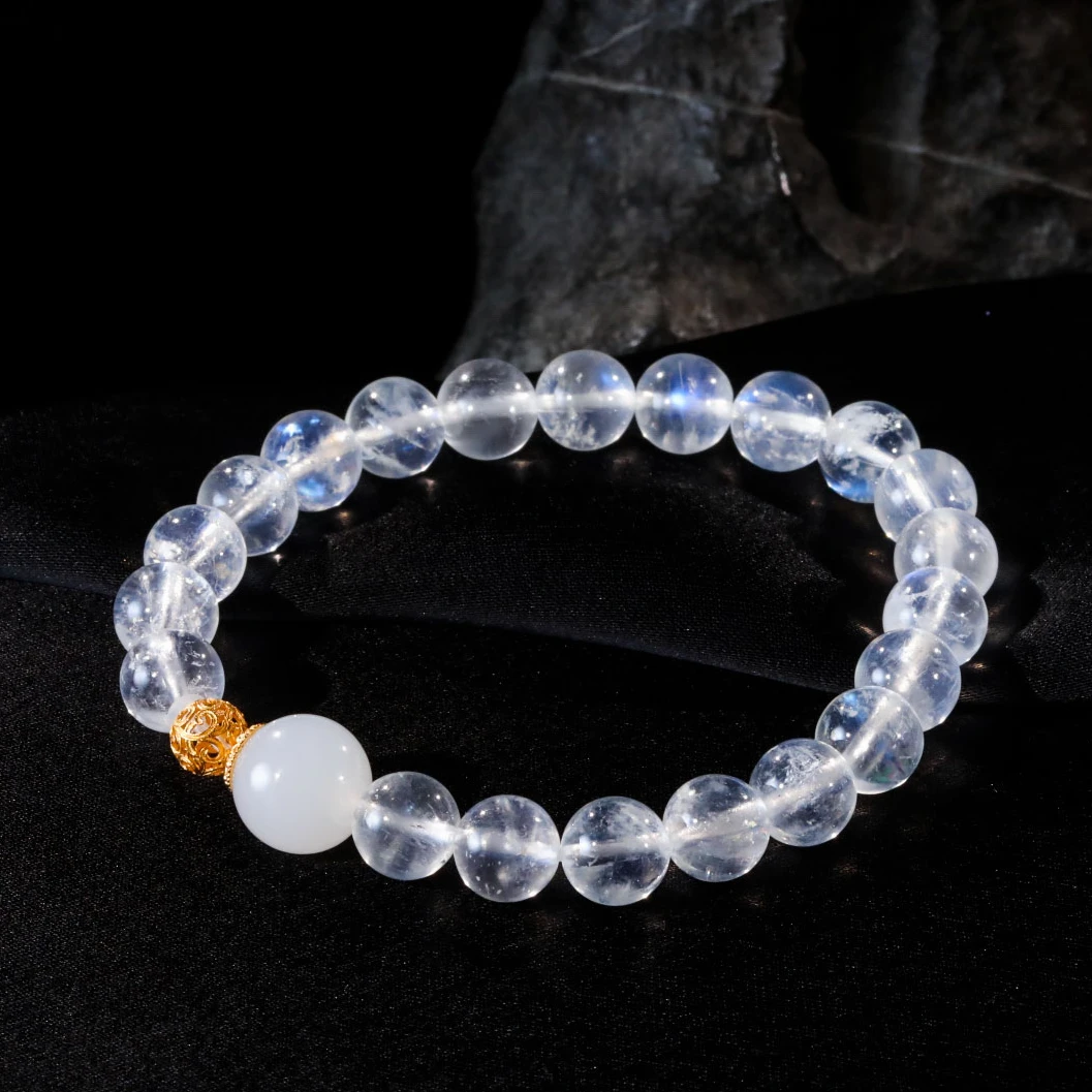 【意婵】高品冰种玻璃体强蓝光月光石单圈手串羊脂白玉18K金-910408