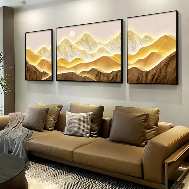 背有靠山三联画轻奢现代客厅装饰画沙发背景墙挂画山水寓意好壁画