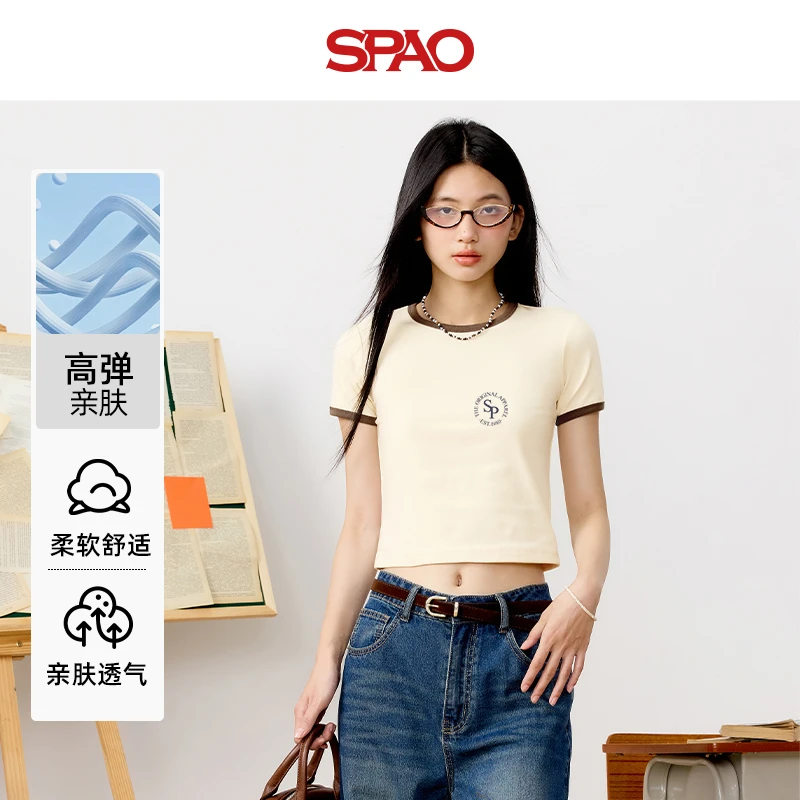 SPAO韩国同款校园风上衣女夏2025痞帅圆领短款撞色修身短袖T恤YYC