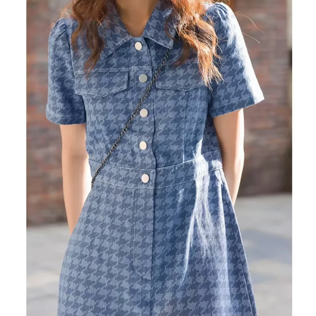 复古千鸟格牛仔连衣裙女装新款韩版小众收腰显瘦春夏裙子女
