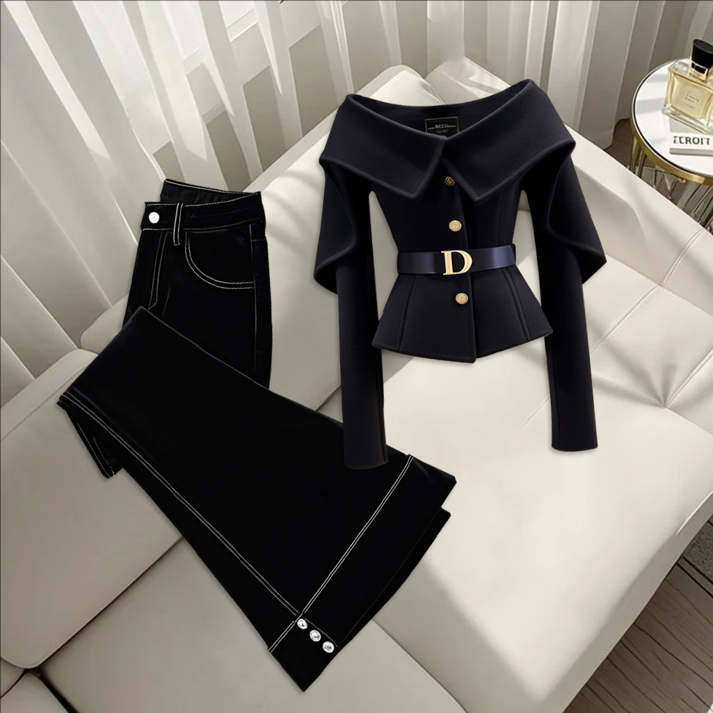一整套高端秋冬2025新款潮流一字正肩收腰外套搭韩版休闲阔腿长裤