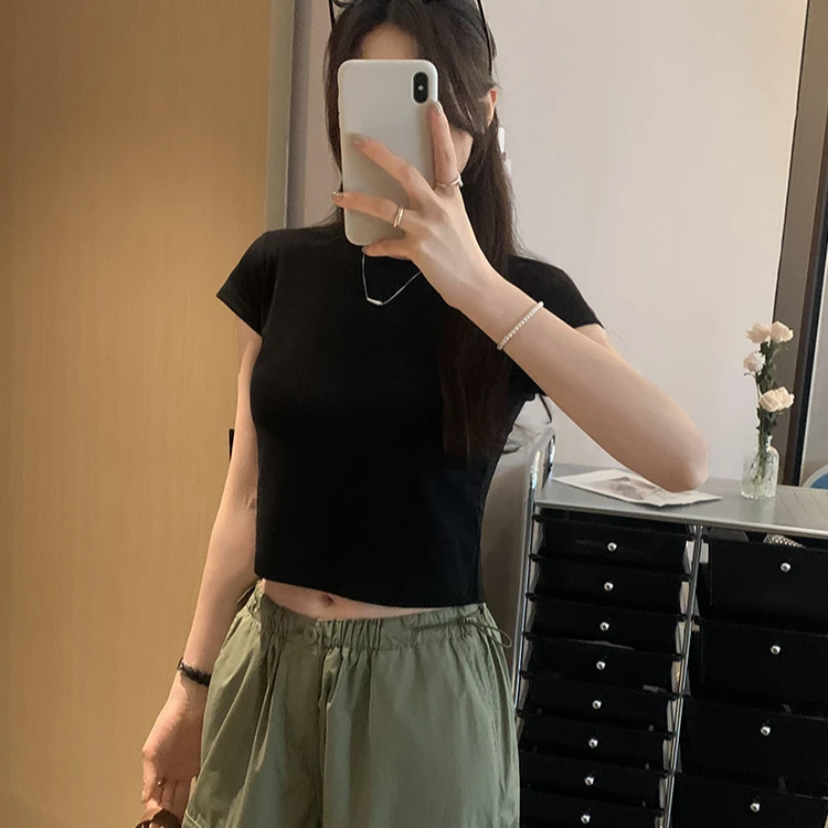 正肩短袖t恤女夏新款修身显瘦小个子高腰露脐短款辣妹弹力棉上衣