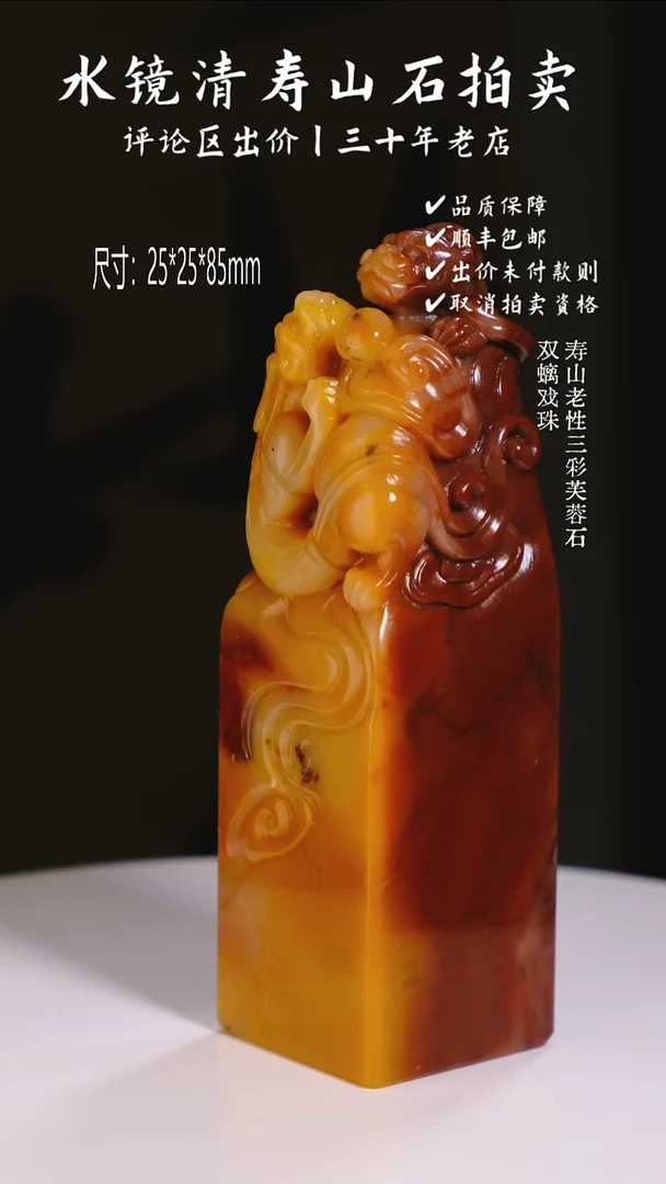 寿山石印石三*堂寿山老性三彩芙蓉石 双螭戏珠