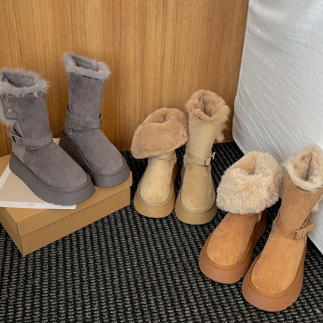 南在南方复古厚底加绒加厚雪地靴女款2025新款冬季保暖东北棉鞋子