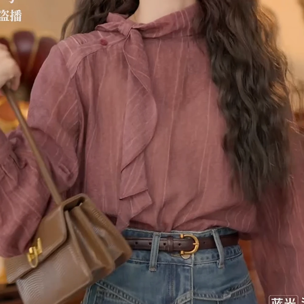 【莓果枝头】港风复古条纹气质长袖时尚女装洋气衬衫上衣衬衣新款