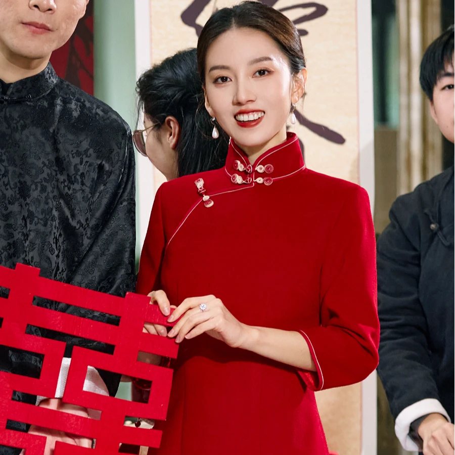 XS2 M2羊毛呢面料精工衬里衣长130领高5.5小元宝领秋冬旗袍微茫欲