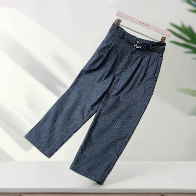 韩版灰色经典竖条纹休闲百搭九分西裤 18552