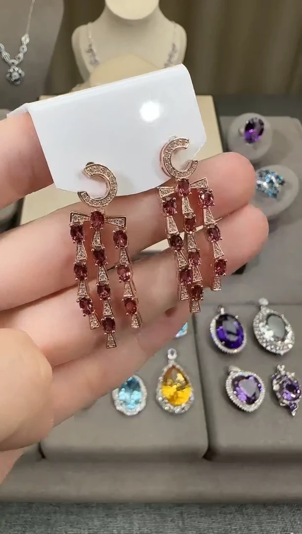 银S925镶嵌耳饰石榴石3mm耳坠流苏高级款