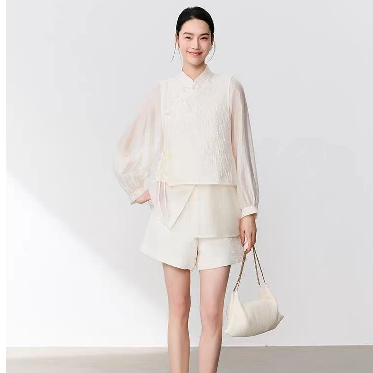 【商场同款】Y311310842新中式衬衫夏季新款纯色提花天丝衬衣