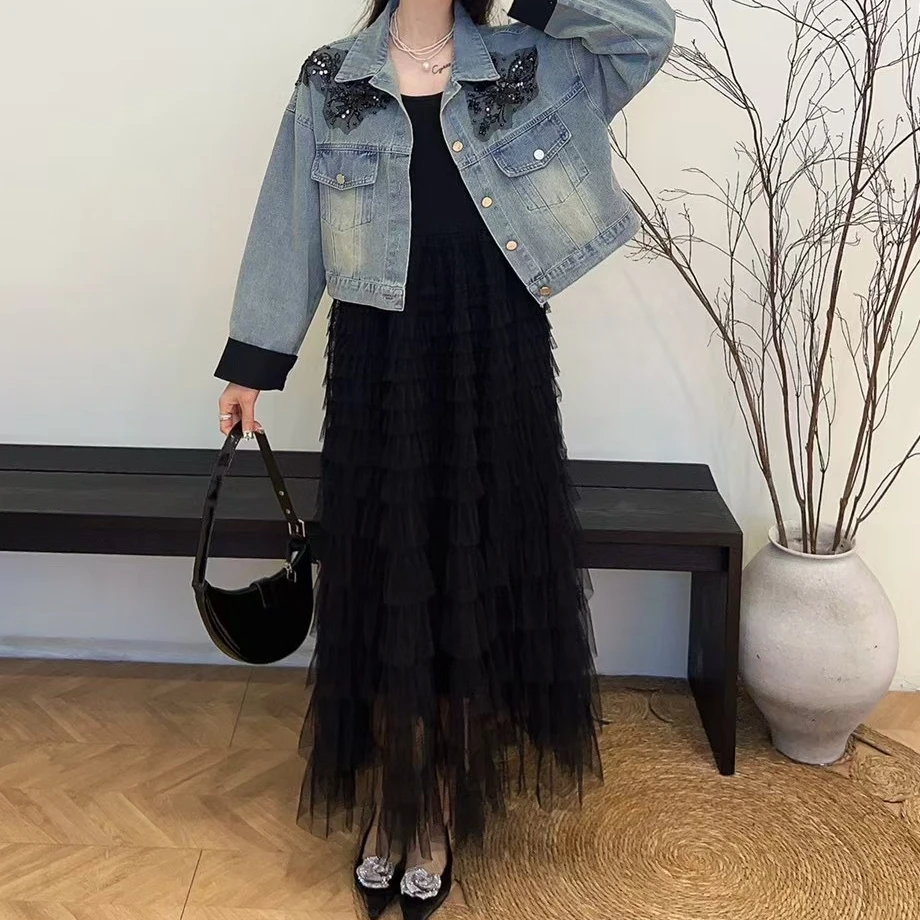 大码女装2025春季新款时尚套装百搭牛仔外套拼接网纱蛋糕裙两件套