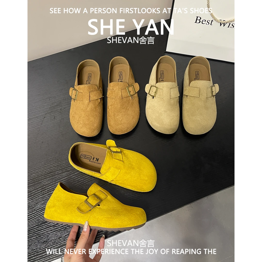 羊皮版~内增高圆头复古勃肯鞋女2025年新款皮带扣一脚蹬博肯单鞋