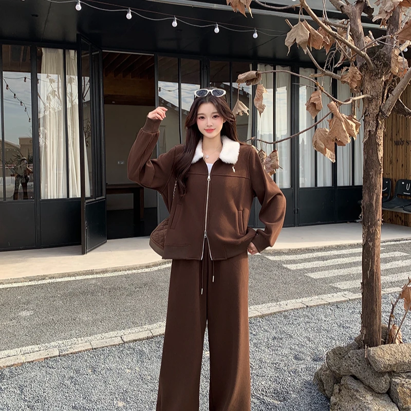 2025冬装新款胖mm大码女休闲加绒加厚翻领外套阔腿裤两件套23349