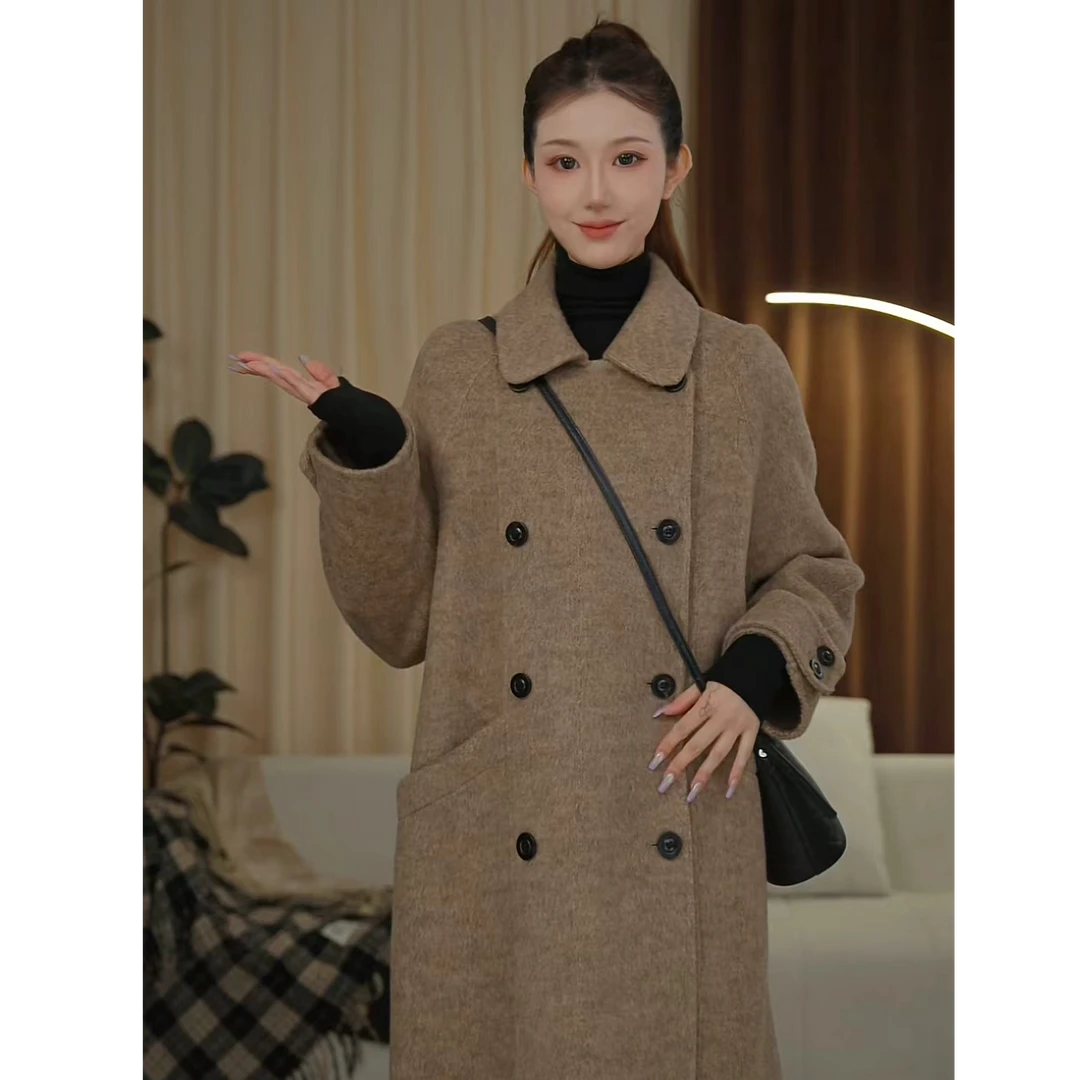 5518 宽松大版娃娃领双排扣挽袖长款小个子韩版羊毛大衣