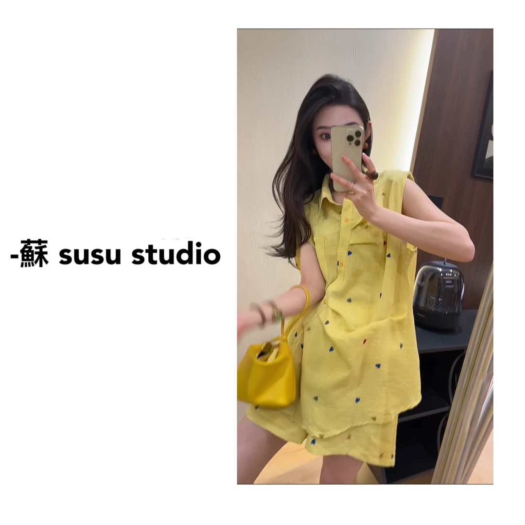 简约设计感女夏季韩版爱心显瘦衬衫+短裤两件套套装261