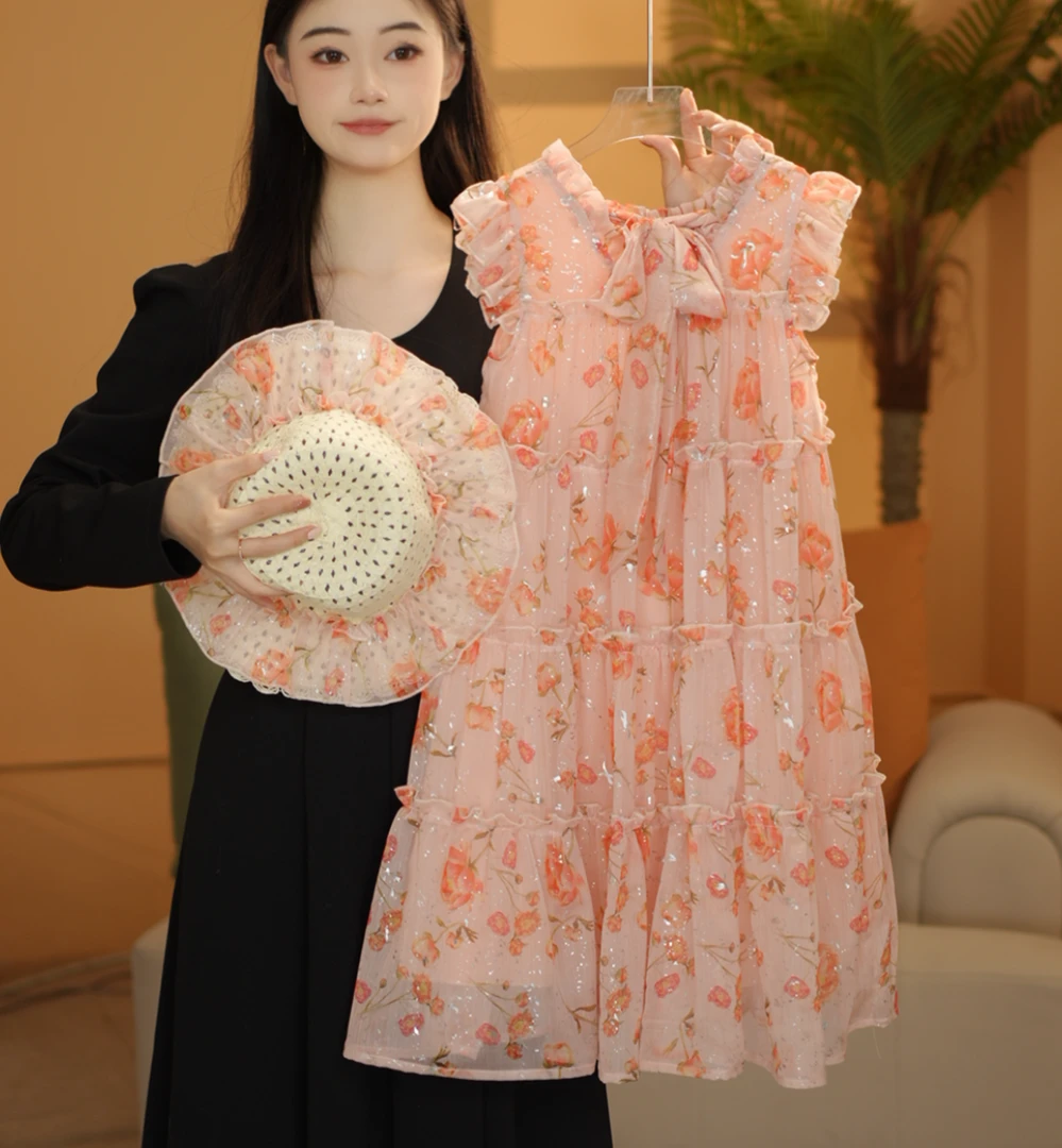 女童连衣裙2024夏季飘带碎花蛋糕裙连衣裙测30