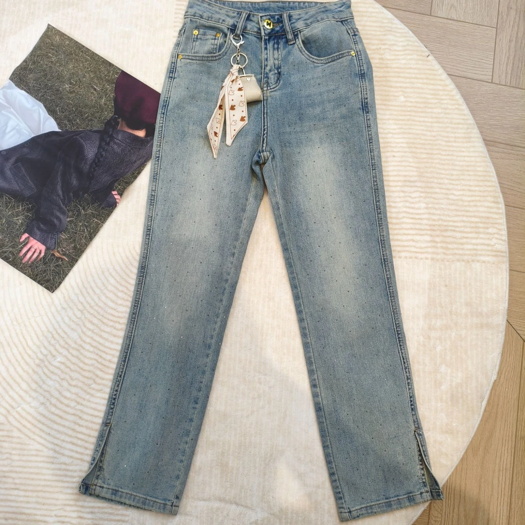 大表姐家蓝色细钻弹力开衩烟管裤019-2