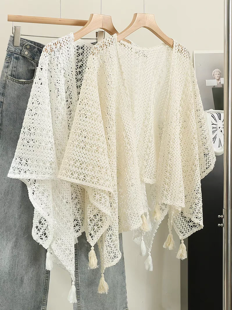 复古民族度假风针织流苏开衫女薄款春秋披肩洋气蕾丝洋气披肩外搭