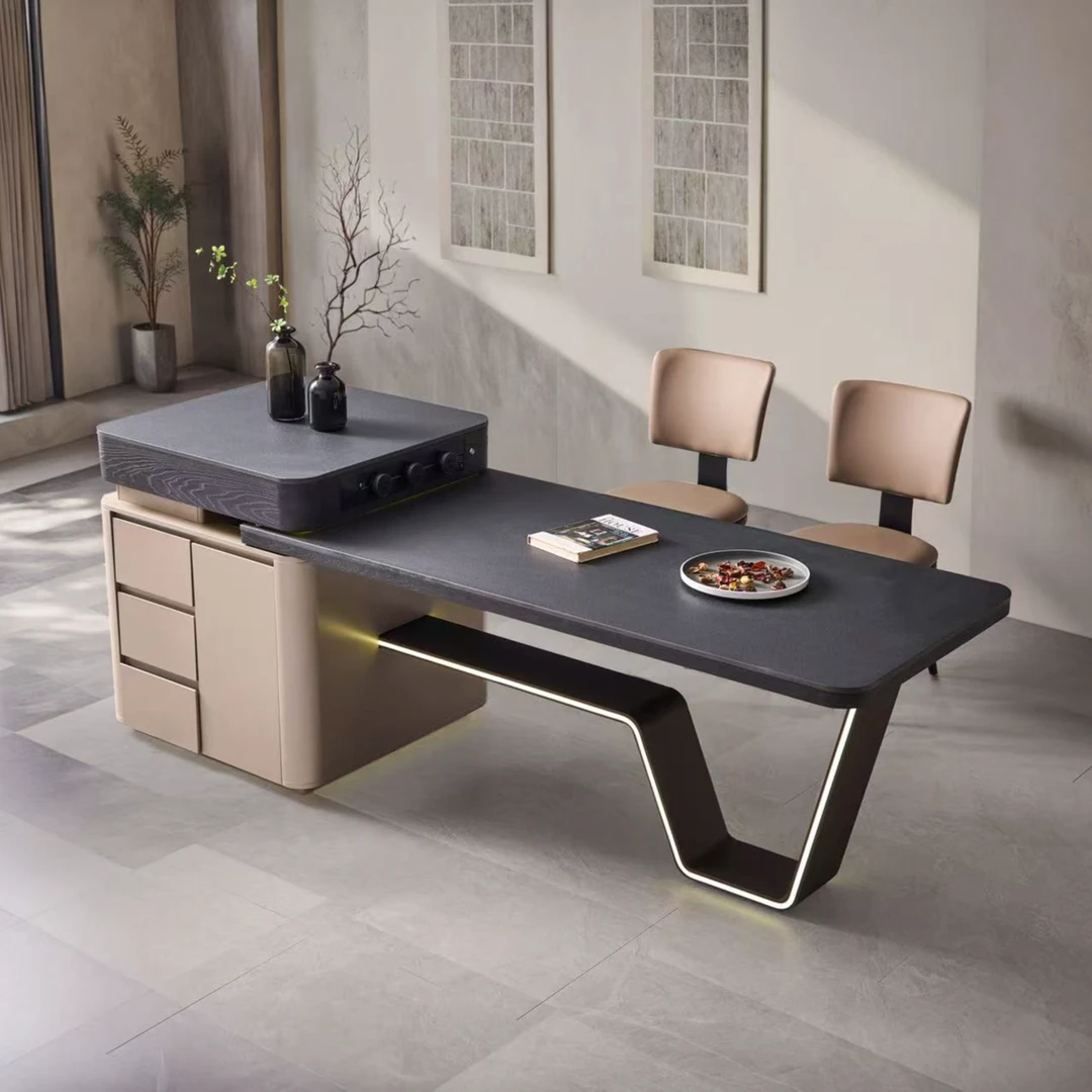 龙抬头岩板餐桌可伸缩岛台餐桌家用火山石岩板餐桌多功能中岛台桌