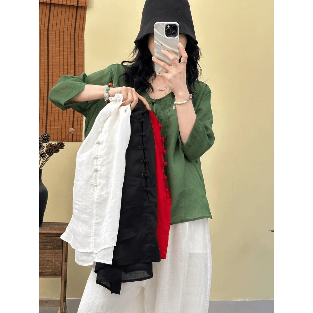 文艺复古苎衬衫女圆领单排多扣宽松上衣七分袖百搭小衫