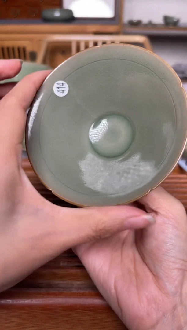 瓷器414纯手工秘色素面斗笠盏