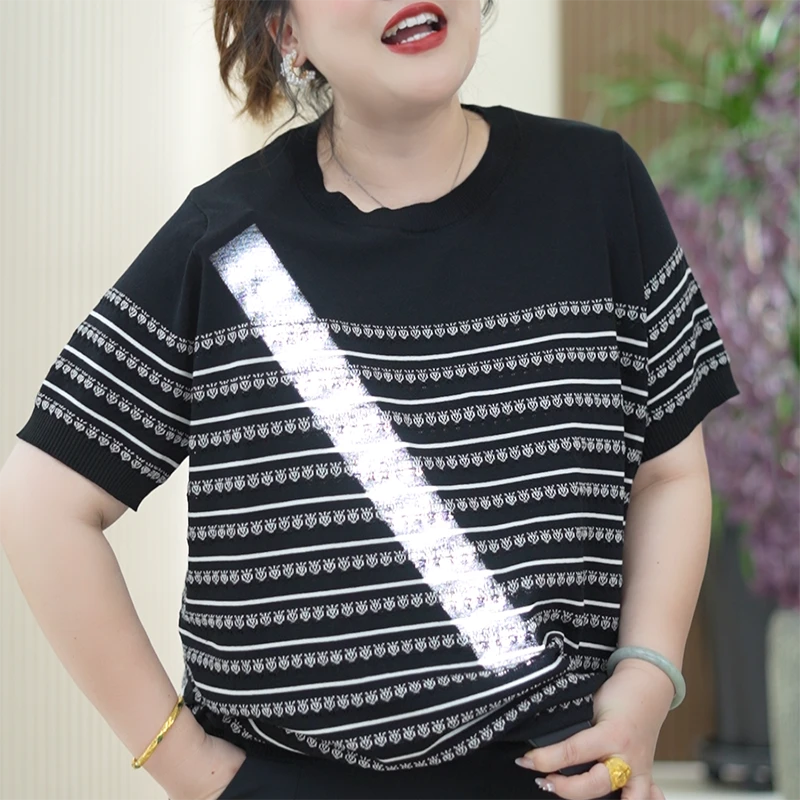镂空钩花短袖冰丝针织衫小香风薄款凉感撞色大码夏季T恤上衣女潮