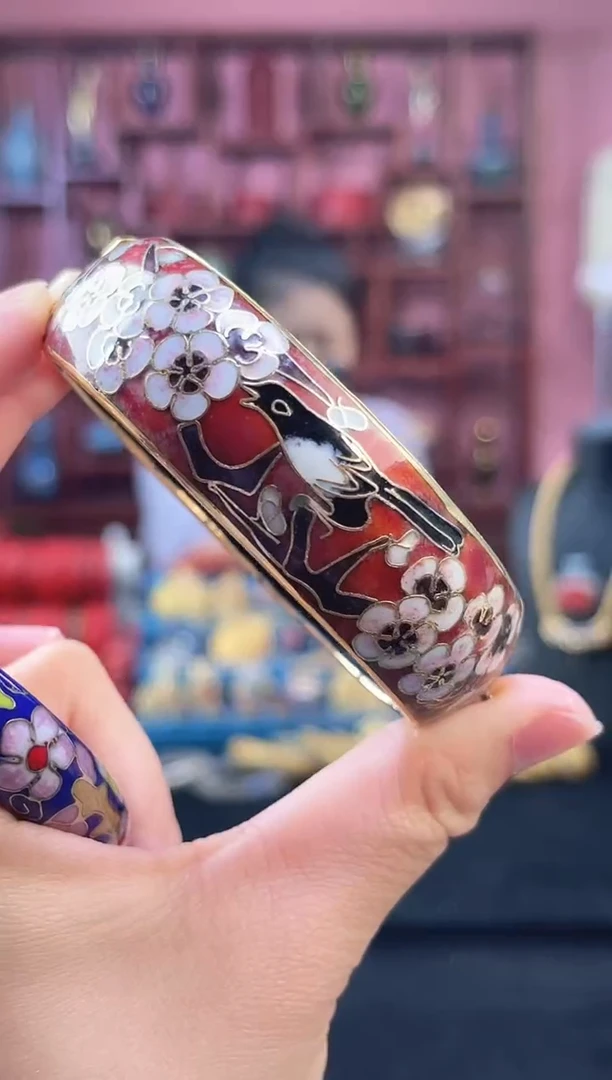 非遗 景泰蓝喜上眉梢开口镯 58-64 砖红