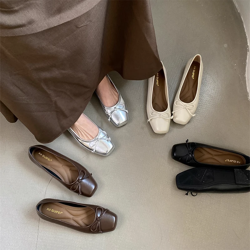2025秋新款仙女风蝴蝶结芭蕾舞鞋复古银色浅口单鞋女百搭平底瓢鞋