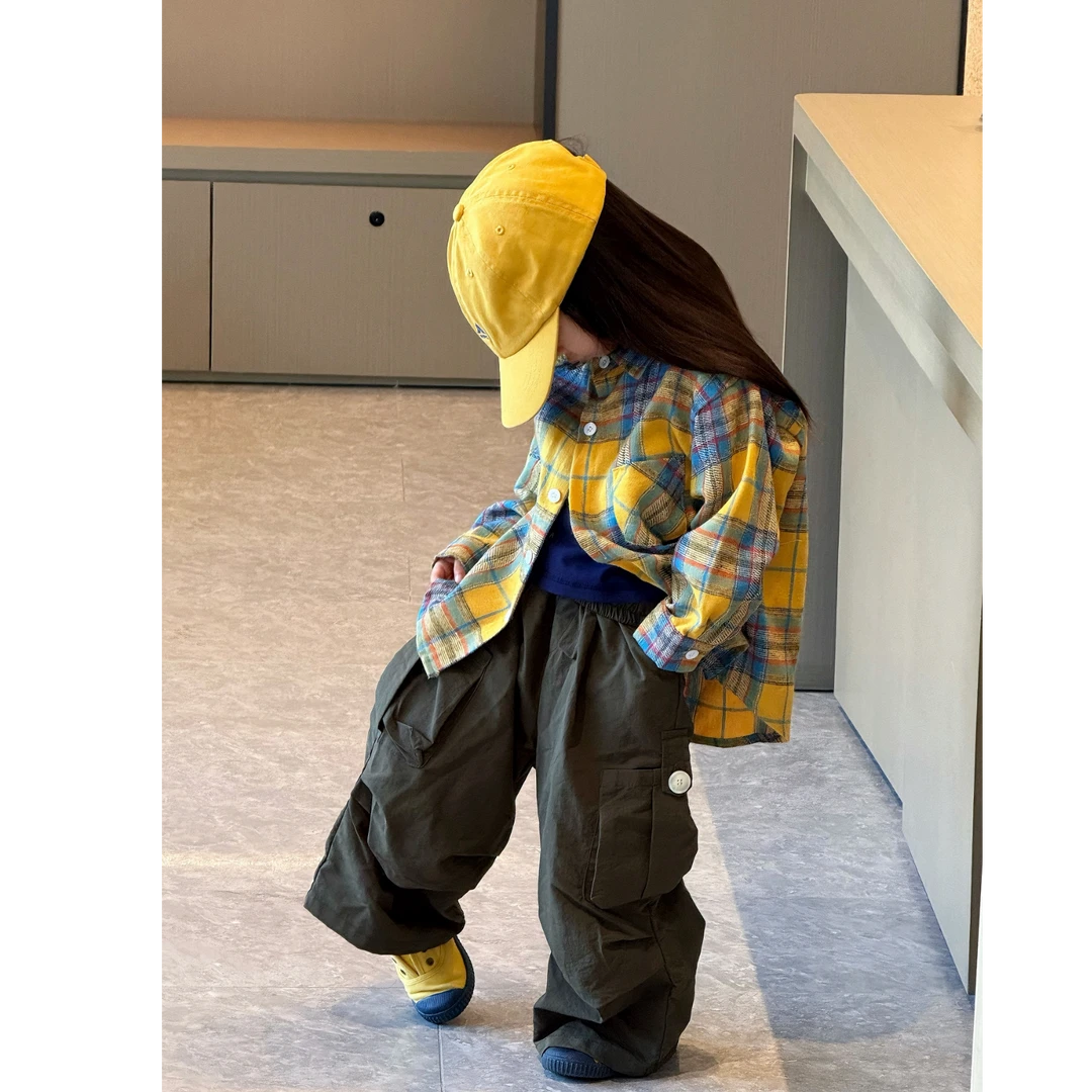 壹妈韩版童装女童秋装套装洋气儿童休闲格子衬衫上衣时髦工装裤潮