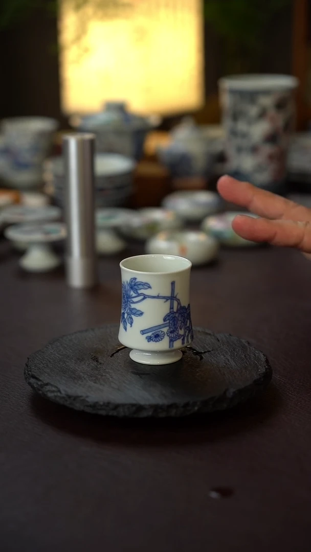景德镇全手工手绘清花花卉陶瓷闻香杯