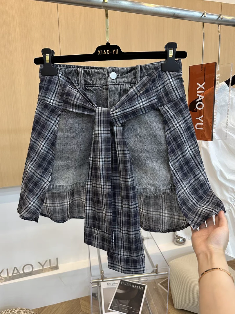 1683#小众格子绑带拼接复古牛仔短裙假两件半裙女夏季新款高腰