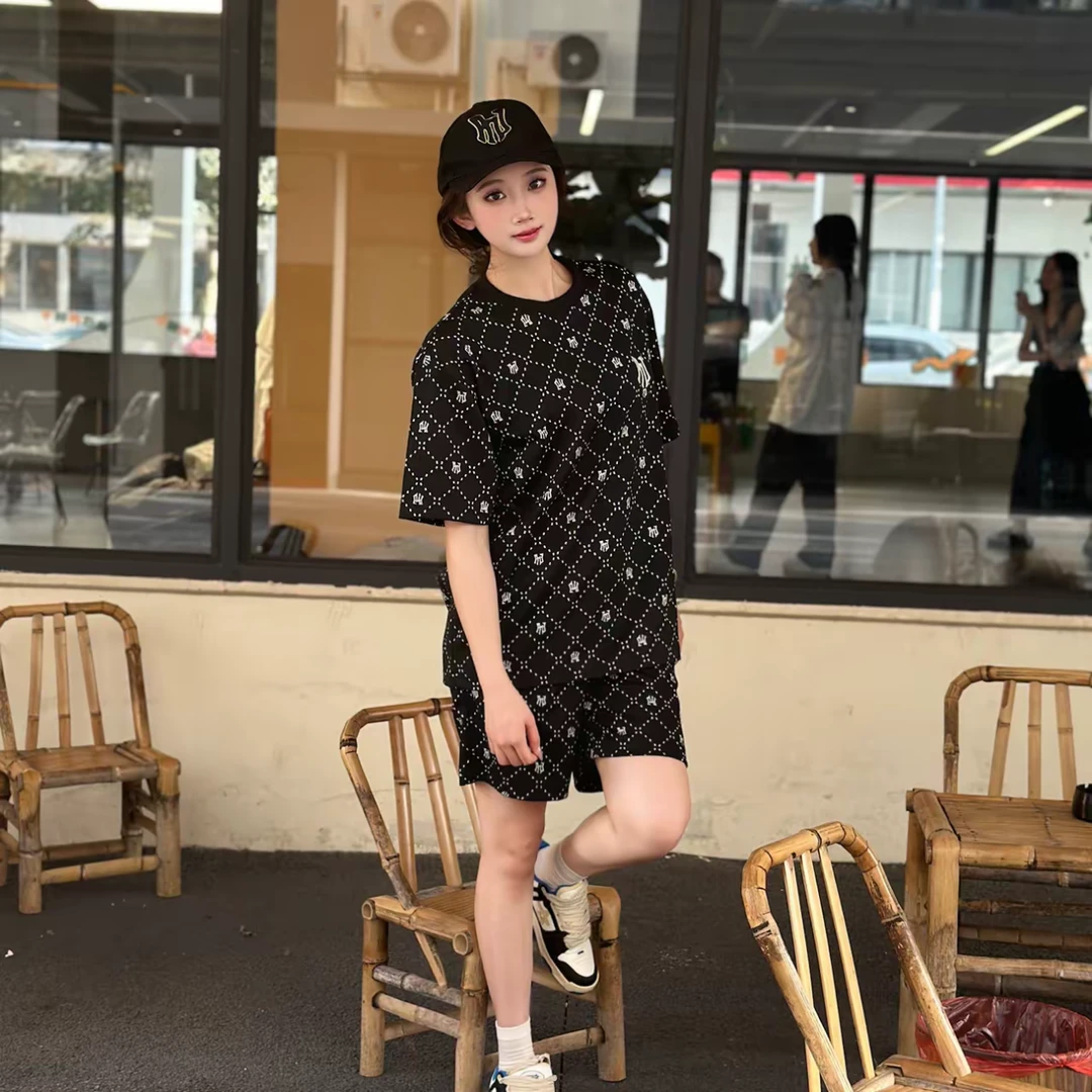 PNJ春夏美式潮牌满印刺绣LOGO老花男女短袖套装PC3H2041