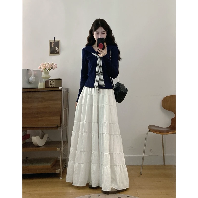 大码秋季新款复古海军领条纹撞色长袖显瘦百搭上衣长伞裙洋气穿搭