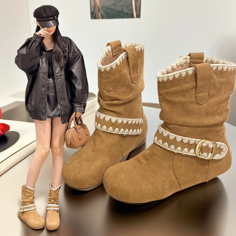 设计感花边勃肯堆堆短靴女秋冬新款西部牛仔复古皮带扣时尚马丁靴