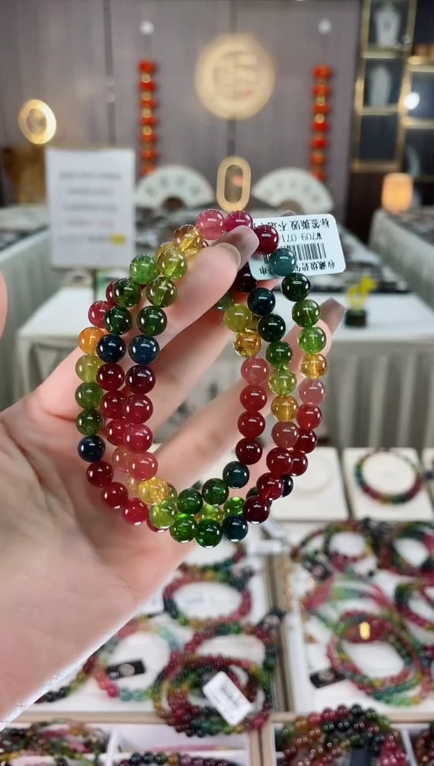 老矿碧玺色标彩虹透体三圈手串7mm+未镶嵌碧玺dan多样性发货一条