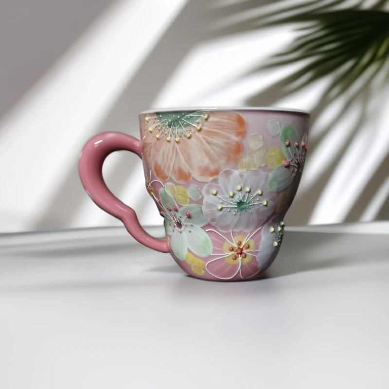 花满蹊设计师款繁花粉色马克杯仿古泥手工手绘咖啡杯茶水杯250ml