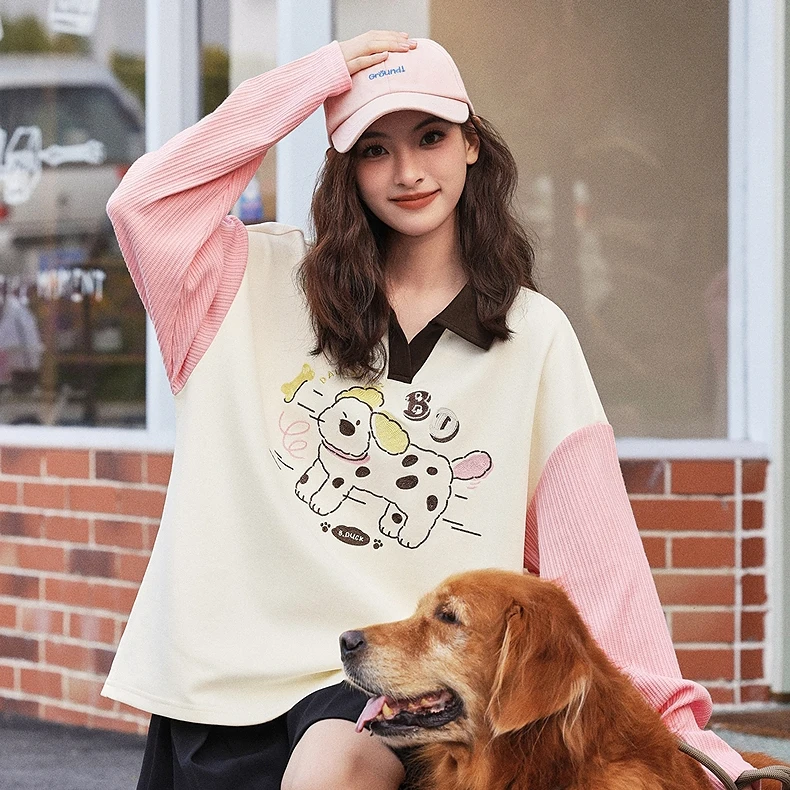 【汪星世界】B.Duck小黄鸭2025早春新款元气少女撞色拼接长袖T恤